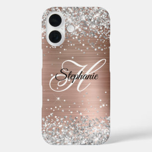 Coque Pour iPhone 16 Rose Gold Paillette Argent Monogramme Fantaisie