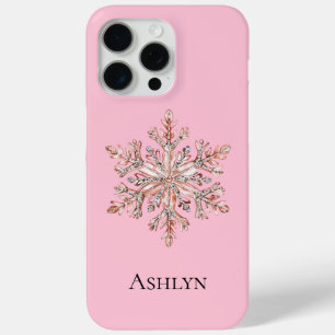 Coque iPhone 15 Pro Max Rose Gold Snowflake Nom de Noël