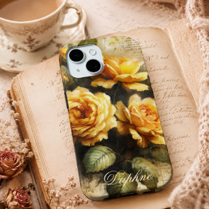 Coque Pour iPhone 15 Rose jaune vintage shabby chic nom personnalisé