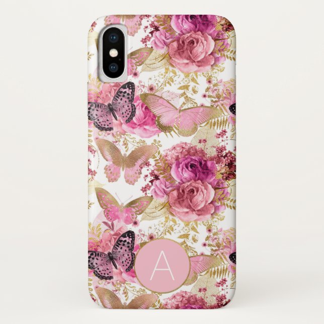 Coques Case-Mate iPhone Rose Monogramme or Floral Butterfly Motif (Dos)