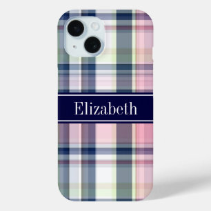 Coque Pour iPhone 15 Rose Navy Vert Blanc Prépa Madras N Monogramme