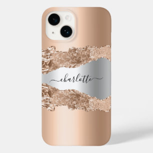 Coque Pour iPhone 14 Rose or argent agate marbre nom script