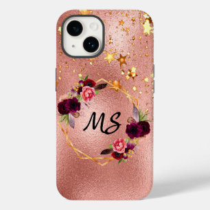 Coque Pour iPhone 14 Rose or bouillon bordeaux or étoiles monogramme