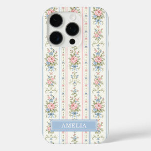 Coques iPhone 16 Pro Rose Pâle Bleu Aquarelle Floral Rayé