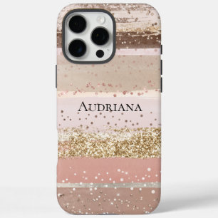 Coques iPhone 16 Pro Max Rose Pâle Rose Chocolat Paillettes Dorées Rayures
