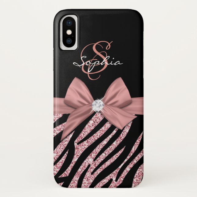 Coques Case-Mate iPhone Rose Parties scintillant or noir Zebra Stripes Bow (Dos)