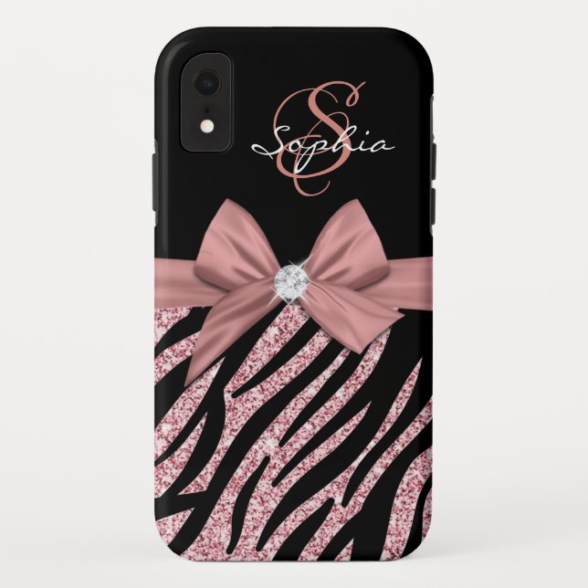 Coques Case-Mate iPhone Rose Parties scintillant or noir Zebra Stripes Bow (Dos)