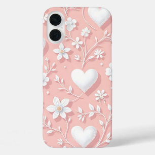 COQUES iPhone 16 PLUS ROSE PASTEL AUX COEURS BLANCS ET FLEURS
