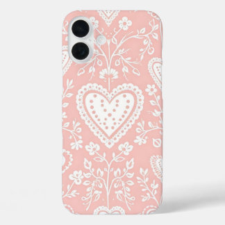 COQUES iPhone 16 PLUS ROSE PASTEL AUX COEURS BLANCS ET FLEURS