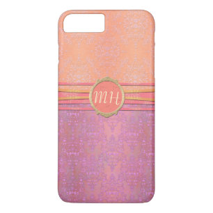 Coque iPhone 8 Plus/7 Plus Rose poudré et damas or motif de monogramme person