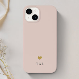 Coque Pour iPhone 14 Rose Poussiéreux Monogramme Cœur Doré