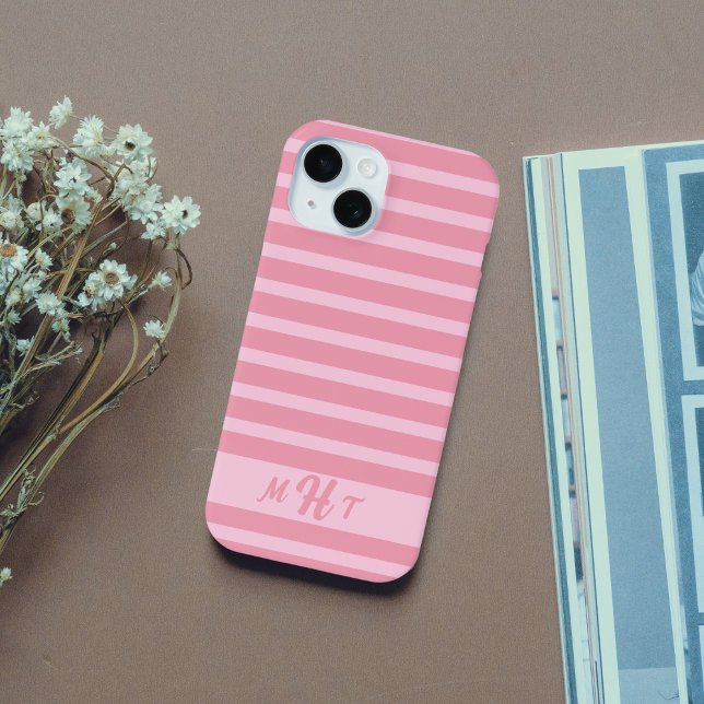 Coques Case-Mate iPhone Rose rayé monogramme personnalisé (Créateur téléchargé)