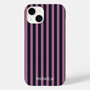 Coque Pour iPhone 14 rose rayé   nom personnalisé marine