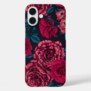 Coques iPhone 16 Plus rose, rouge et bi-color roses with blue leaves on 