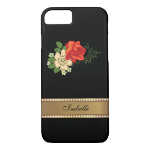 Coques Pour iPhone Rose rouge et marguerites or Nom personnalisé