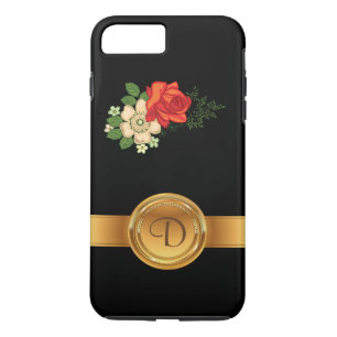 Coque iPhone 8 Plus/7 Plus Rose rouge et nom en monogramme oré sur fond de ma