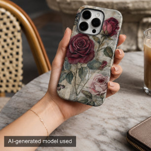 Coques iPhone 16 Pro Rose rouge et papillon shabby chic vintage