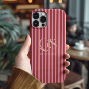 Coque iPhone 15 Pro Max Rose & Rouge   Monogramme Rayures Chic 