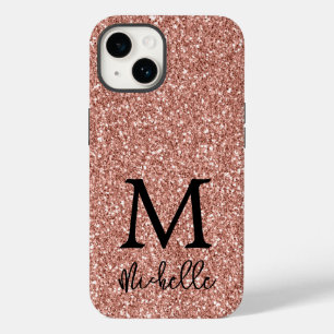 Coque Pour iPhone 14 Rose tendance Parties scintillant or Monogramme No