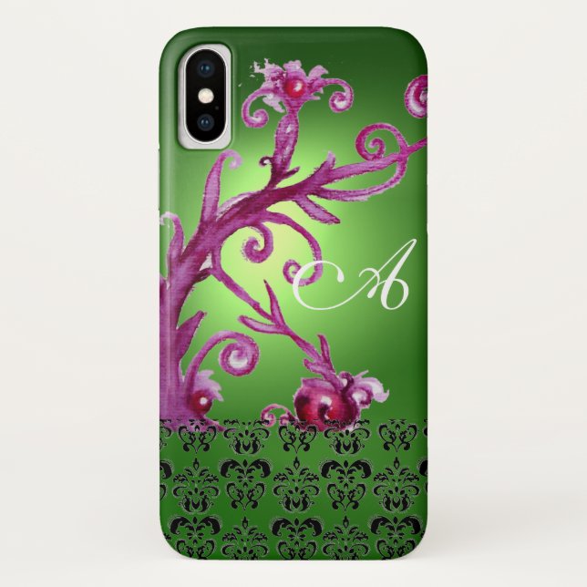 COQUES Case-Mate iPhone ROSE VERT FLORAUX, BERRIES DAMASK MONOGRAM (Dos)