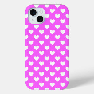 Coque iPhone 15 Mini Rose vif surprenant, coeurs blancs, Polka point