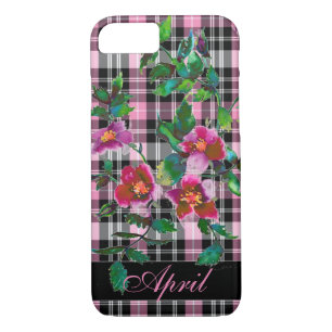 Coque iPhone 8/7 Rose vintage - plaid rose -monogrammed