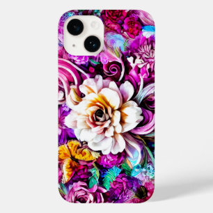 Coque Pour iPhone 14 Rose violet bleu Turquoise blanc Jardin Fleurs Ima