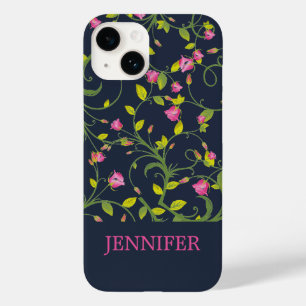 COQUE POUR iPhone 14 ROSE VIOLET FLORAL NAVY PERSONNALISÉ