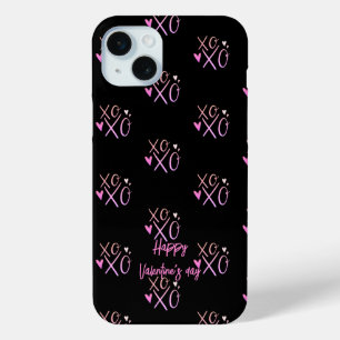 Coque iPhone 15 Mini Rose "XOXO"Coeurs Heureuse Sainte-Valentin Noir
