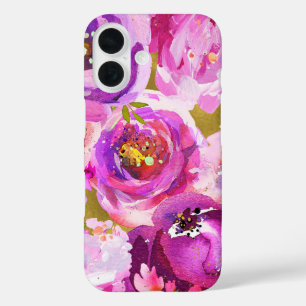 Coques iPhone 16 Roseaux de rose or et violet moderne floral chic t