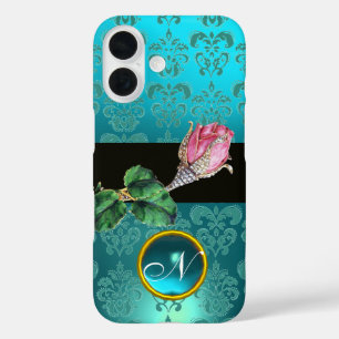 COQUES iPhone 16  ROSEBUD ROSE ROSE, BLEU TURQUOISE DAMASK GEM MONOG