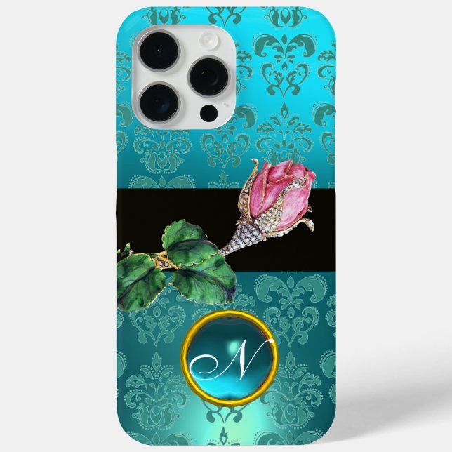 COQUES Case-Mate iPhone ROSEBUD ROSE ROSE, BLEU TURQUOISE DAMASK GEM MONOG (Verso)