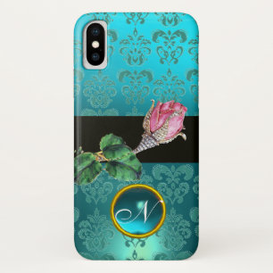 COQUE Case-Mate POUR iPhone ROSEBUD ROSE ROSE, BLEU TURQUOISE DAMASK GEM MONOG