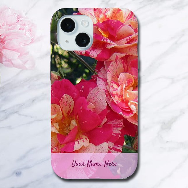 Coques Case-Mate iPhone Roses à rayures roses et blanches modifiables (Elegant Editable Striped Roses Phone Case)