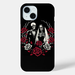 Coque Pour iPhone 15 Roses blanc rouge et noir squelette Mariage couple