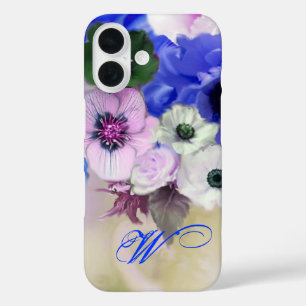COQUES iPhone 16  ROSES BLANCHES BLEUES ET FLEURS D'ANÉMONE MONOGRAM