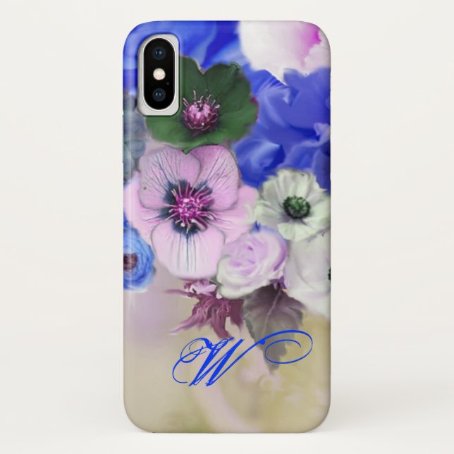 COQUES Case-Mate iPhone ROSES BLANCHES BLEUES ET MONOGRAMME DES FLEURS D'A (Dos)