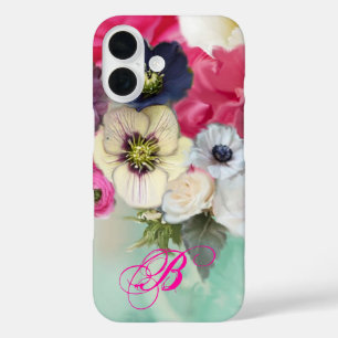 COQUE POUR iPhone 16 ROSES BLANCHES ET FLEURS D'ANÉMONE MONOGRAMME