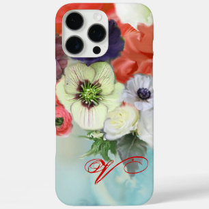 COQUES iPhone 16 PRO MAX ROSES BLANCHES ROUGES ET FLEURS ANÉMONE MONOGRAMME