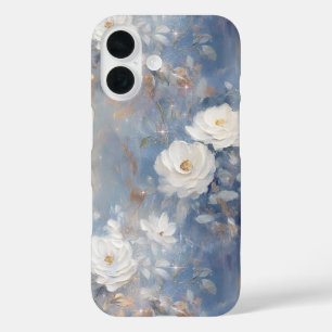 Coque Pour iPhone 16 Roses blanches sur bleu Arrière - plan Paint Style