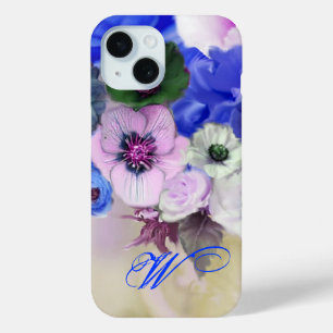 COQUE POUR iPhone 15 ROSES BLEUS BLANC ET FLEURS D'ANÉMONE MONOGRAMME