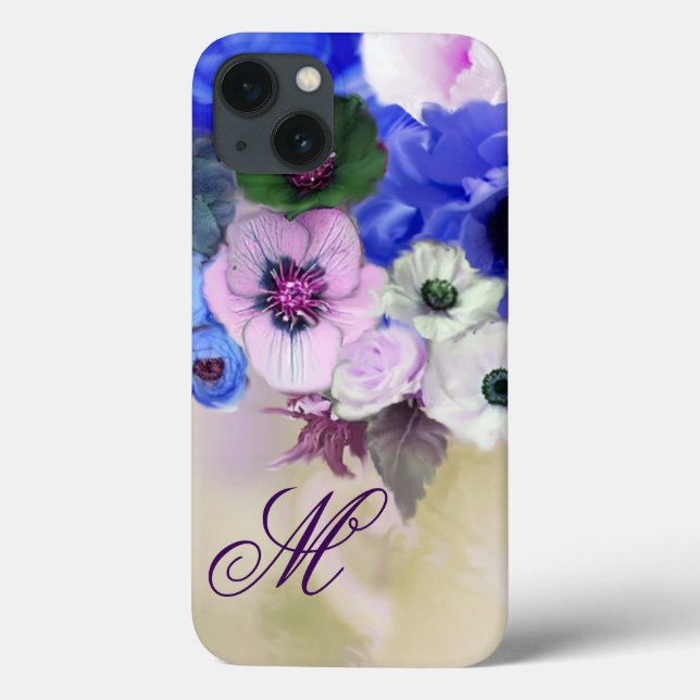 COQUES Case-Mate iPhone ROSES BLEUS, MONOGRAMME DE FLEURS D'ANÉMONE BLANC  (Verso)