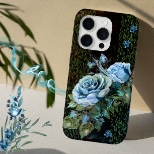 Coque iPhone 15 Pro Roses bleus sur noir