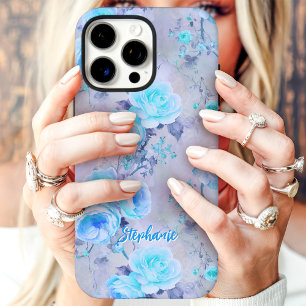 Coques iPhone 16 Pro Max Roses Bleus Vintage Floral Romantique Nom Personna