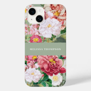 Coque Pour iPhone 14 Roses botaniques vintages Pastel Vert & Rose