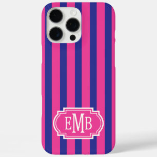 Coques iPhone 16 Pro Max Roses Chauds et Rayures Monogrammées Bleu Marine