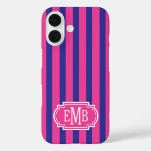 Coque Pour iPhone 16 Roses chauds et rayures monogrammées bleu marine