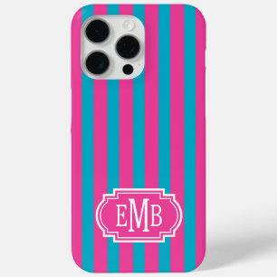 Coque iPhone 15 Pro Max Roses Chauds et Rayures Monogrammées Turquoise