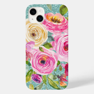 Coque Pour iPhone 14 Plus Roses d'aquarelle en Parties scintillant Aqua Crèm
