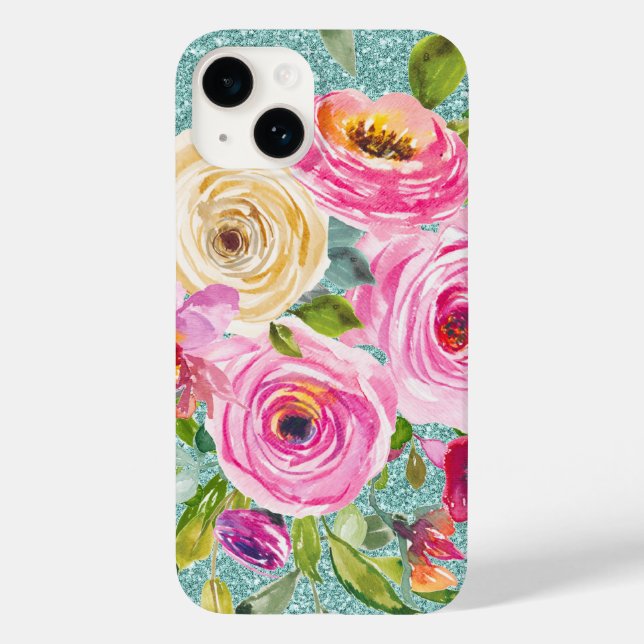 Coques Case-Mate iPhone Roses d'aquarelle en Parties scintillant Aqua Crèm (Verso)